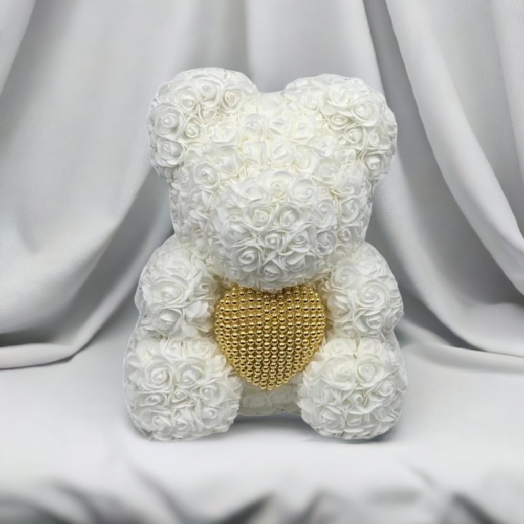 Valentine’s Gold Pearl Heart Rose Bear