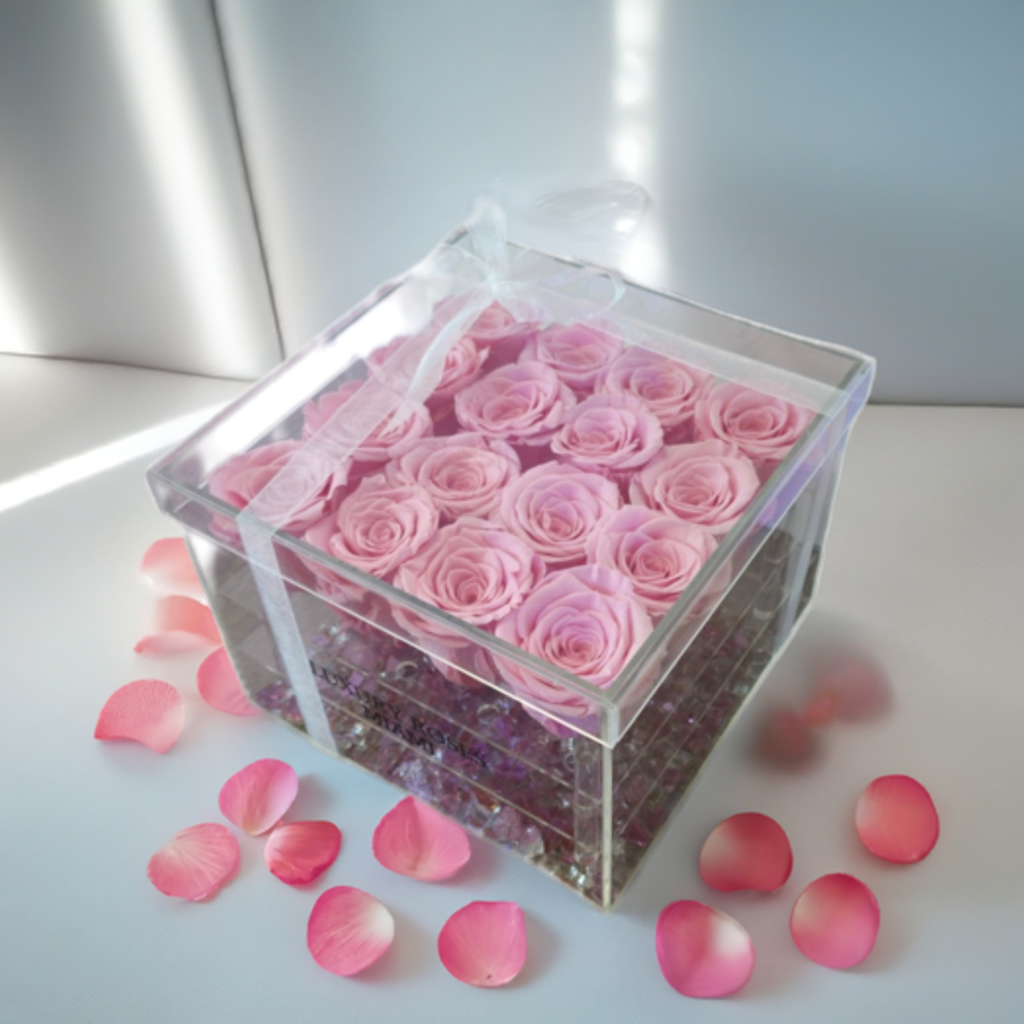 Medium Acrylic Square Box - Long Lasting Roses