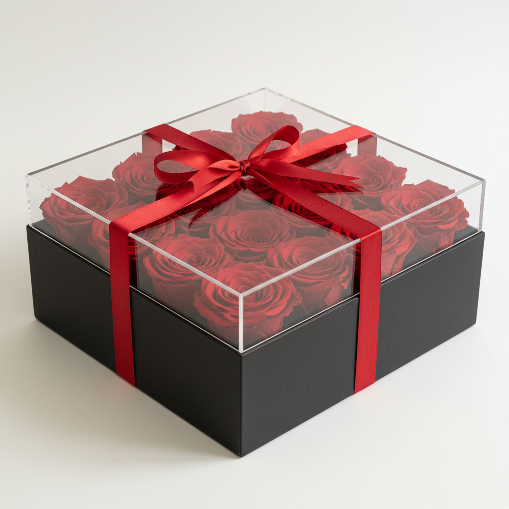 Square Acrylic Box with 16 Preserved Roses