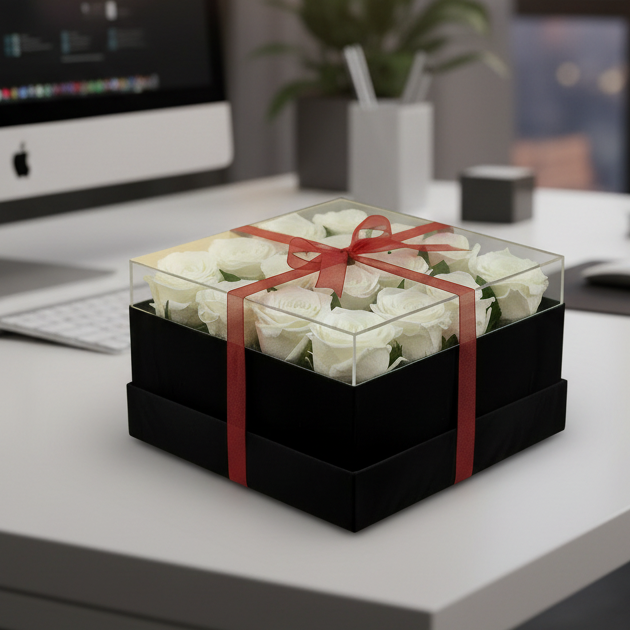 Square Acrylic Box with 16 Preserved Roses
