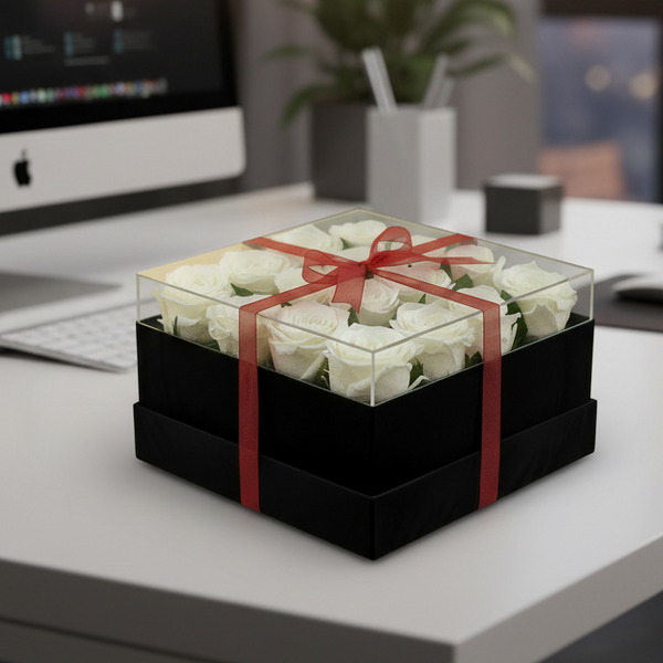 Square Acrylic Box with 16 Preserved Roses